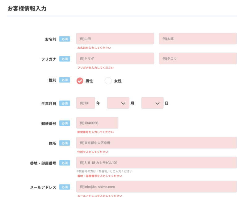カシモWiMAX申し込み画面（お客様情報入力）