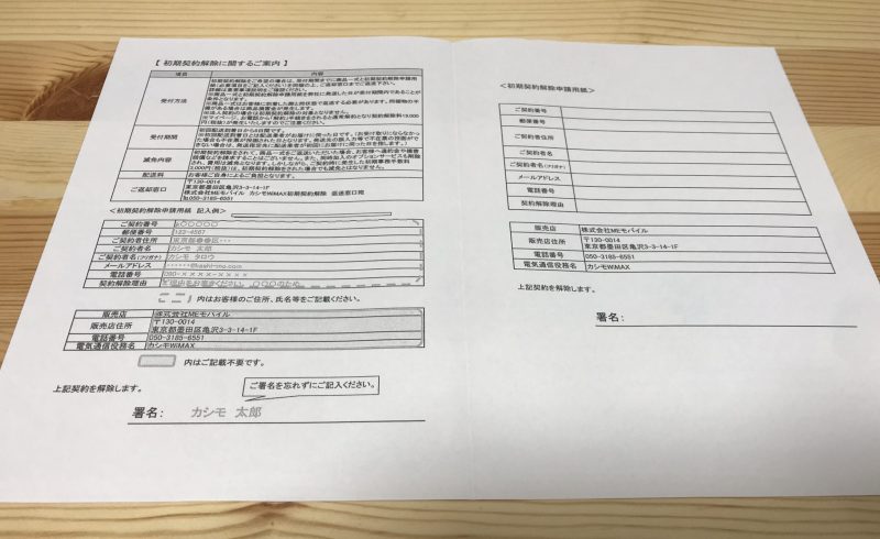 初期契約解除申込用紙