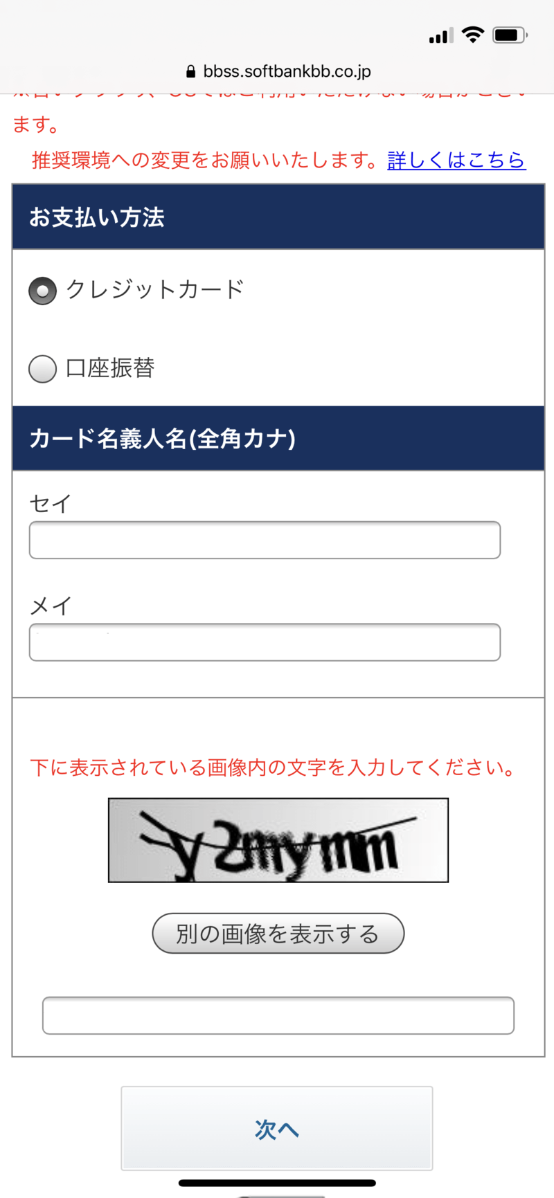 支払い情報の入力画面